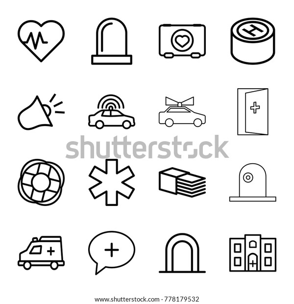 Emergency icons. set of 16\
editable outline emergency icons such as police car, siren,\
heartbeat, case with heart, medical sign, bandage, ambulance,\
medical cross