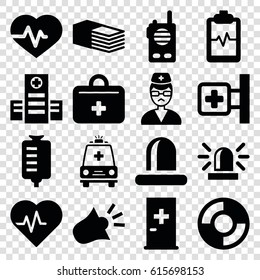 Emergency icons set. set of 16 emergency filled icons such as aid post, siren, heartbeat, medical cross, hospital, drop counter, bandage, heartbeat clipboard, doctor