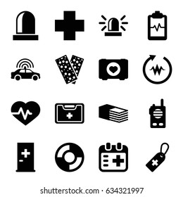 Emergency icons set. set of 16 emergency filled icons such as police car, aid post, siren, heartbeat, case with heart, medical cross tag, bandage, heartbeat clipboard