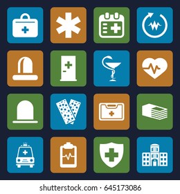 Emergency icons set. set of 16 emergency filled icons such as siren, aid post, heartbeat, medical sign, bandage, heartbeat clipboard, medical kit, ambulance, first aid kit