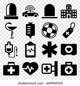 Emergency icons set. set of 16 emergency filled icons such as police car, siren, heartbeat, case with heart, first aid kit, medical cross, medical cross tag, drop counter