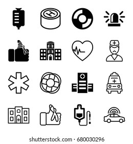 Emergency icons set. set of 16 emergency filled and outline icons such as siren, hospital, drop counter, injured finger, hospital building, lifebuoy, police car, medical sign