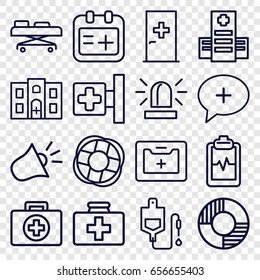 Emergency icons set. set of 16 emergency outline icons such as aid post, siren, first aid kit, medical cross, hospital, drop counter, heartbeat clipboard, medical kit
