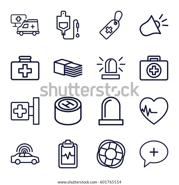 emergency icons\
set. Set of 16 emergency outline icons such as police car, siren,\
first aid kit, medical cross, medical cross tag, drop counter,\
bandage, heartbeat\
clipboard