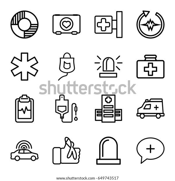 Emergency icons set. set of 16\
emergency outline icons such as police car, siren, case with heart,\
first aid kit, medical cross, hospital, drop counter, medical\
sign