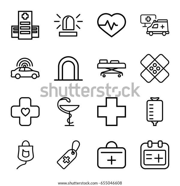 Emergency icons\
set. set of 16 emergency outline icons such as police car, siren,\
heartbeat, hospital, medical cross tag, drop counter, medical\
cross, first aid kit,\
bandage