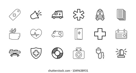 Emergency icons. set of 18 editable outline emergency icons: siren, medical sign, ambulance, medical cross, hospital stretch, lifebuoy, aid post, first aid, heartbeat