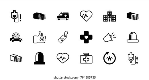 Emergency icons. set of 18 editable filled and outline emergency icons: police car, drop counter, bandage, heartbeat, ambulance, hospital building, siren, first aid kit