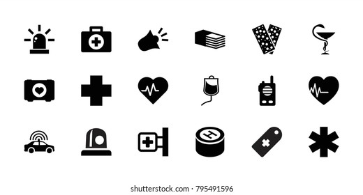 Emergency icons. set of 18 editable filled emergency icons: police car, heartbeat, first aid, case with heart, medical cross, bandage, drop counter, medicine, hospital, siren