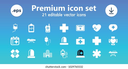 Emergency icons. set of 21 editable filled emergency icons includes first aid kit, drop counter, heartbeat clipboard, siren, medical kit, medical cross, bandage