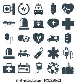 Emergency icons. set of 25 editable filled emergency icons such as first aid kit, medical cross, medical cross tag, drop counter, bandage, heartbeat, siren, injured finger