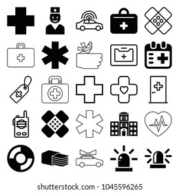Emergency icons. set of 25 editable filled and outline emergency icons such as siren, medical cross, first aid kit, bandage, medical appointment, hospital building, lifebuoy