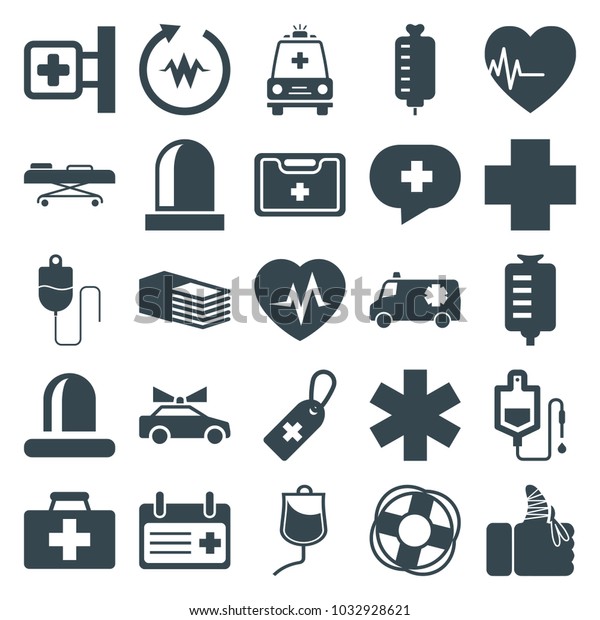 Emergency icons. set of\
25 editable filled emergency icons such as first aid kit, medical\
cross, medical cross tag, drop counter, bandage, heartbeat, siren,\
injured finger