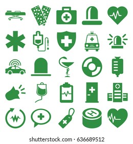 Emergency icons set. set of 25 emergency filled icons such as police car, siren, aid post, hospital, medical cross tag, drop counter, medical sign, bandage