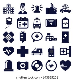 Emergency icons set. set of 25 emergency filled icons such as police car, aid post, siren, heartbeat, case with heart, medical cross, drop counter, heartbeat clipboard
