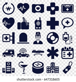 Emergency icons set. set of 25 emergency filled icons such as police car, siren, case with heart, medical cross, hospital, medical cross tag, drop counter, doctor