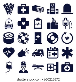 Emergency icons set. set of 25 emergency filled icons such as siren, aid post, first aid kit, medical cross, hospital, drop counter, medical sign, bandage, heartbeat clipboard