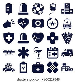 Emergency icons set. set of 25 emergency filled icons such as police car, case with heart, hospital, drop counter, medical sign, bandage, heartbeat clipboard, siren, ambulance