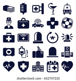 Emergency icons set. set of 25 emergency filled icons such as police car, siren, case with heart, first aid kit, medical cross, hospital, drop counter, medical sign, bandage