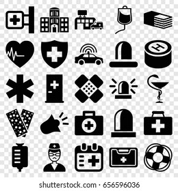 Emergency icons set. set of 25 emergency filled icons such as police car, aid post, siren, first aid kit, medical cross, drop counter, medical sign, bandage, doctor, heartbeat