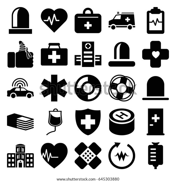 Emergency icons set.\
set of 25 emergency filled icons such as police car, siren, aid\
post, first aid kit, hospital, drop counter, medical sign, bandage,\
heartbeat clipboard