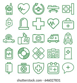 Emergency icons set. set of 25 emergency outline icons such as police car, aid post, case with heart, medical cross, drop counter, medical sign, heartbeat clipboard