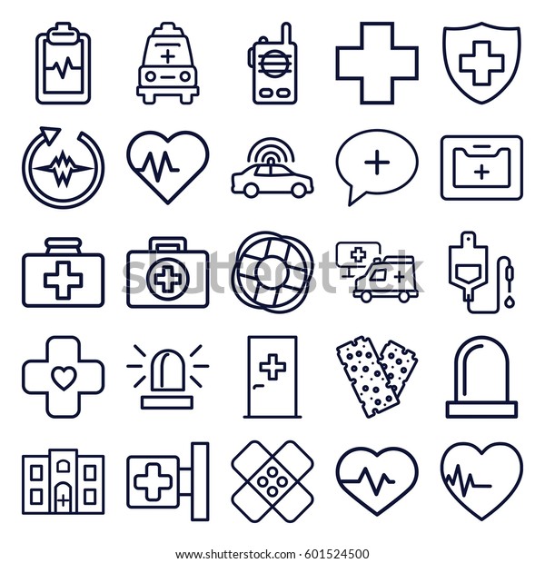 emergency icons set. Set\
of 25 emergency outline icons such as police car, aid post, siren,\
heartbeat, first aid kit, medical cross, drop counter, medical\
sign, bandage