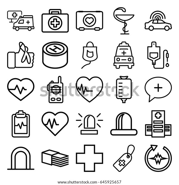 Emergency icons set. set of 25\
emergency outline icons such as police car, siren, heartbeat, case\
with heart, hospital, medical cross tag, drop counter,\
bandage