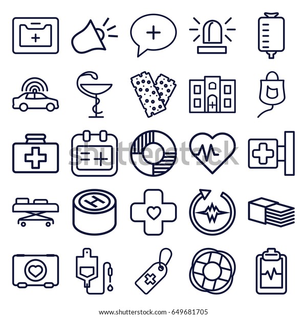 Emergency icons set. set of 25\
emergency outline icons such as police car, siren, case with heart,\
first aid kit, medical cross, medical cross tag, drop counter,\
bandage