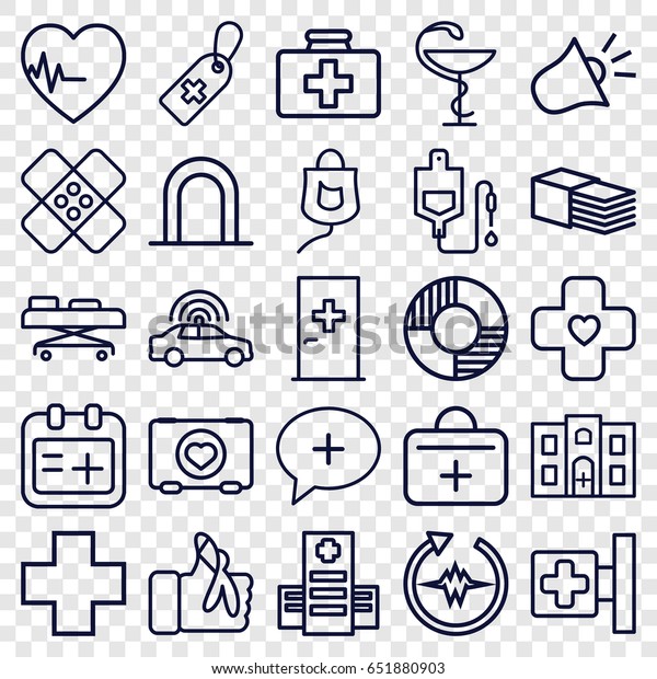 Emergency icons set. set of\
25 emergency outline icons such as police car, siren, aid post,\
case with heart, first aid kit, medical cross, hospital, medical\
cross tag