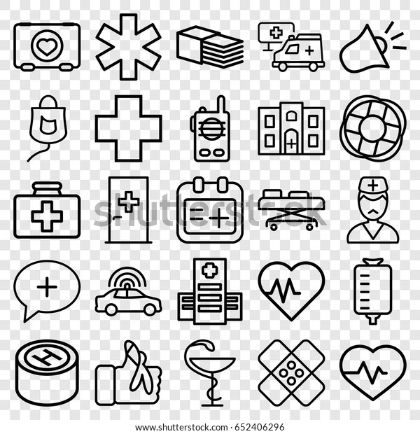 Emergency icons set. set\
of 25 emergency outline icons such as police car, aid post,\
heartbeat, case with heart, first aid kit, hospital, drop counter,\
medical sign,\
bandage