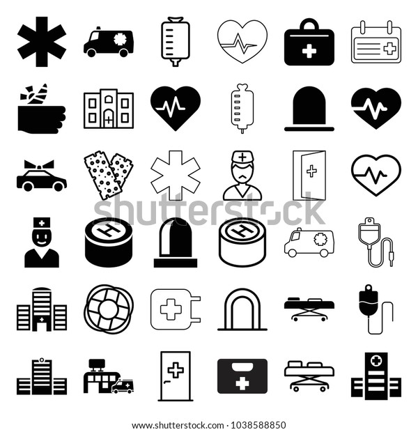 Emergency icons. set of 36\
editable filled and outline emergency icons such as siren,\
heartbeat, hospital, medical sign, first aid kit, hospital stretch,\
aid post