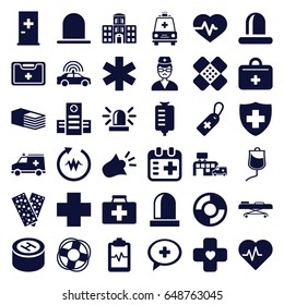 Emergency icons set. set of 36 emergency filled icons such as police car, siren, aid post, heartbeat, first aid kit, hospital, medical cross tag, drop counter, medical sign