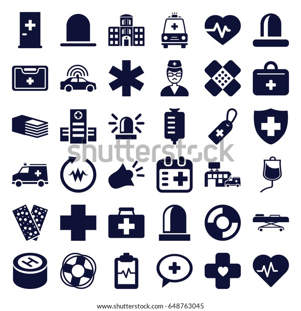 Emergency icons set. set\
of 36 emergency filled icons such as police car, siren, aid post,\
heartbeat, first aid kit, hospital, medical cross tag, drop\
counter, medical\
sign
