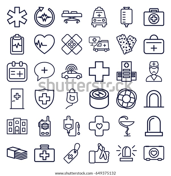 Emergency icons set. set of 36\
emergency outline icons such as police car, siren, aid post, case\
with heart, first aid kit, hospital, medical cross tag, drop\
counter