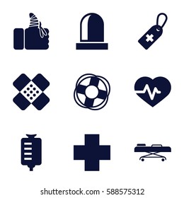 emergency icons set. Set of 9 emergency filled icons such as heartbeat, medical cross tag, drop counter, injured finger, medical cross, bandage, hospital stretch, siren