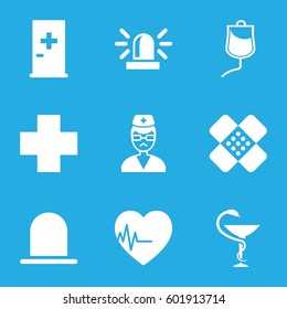 emergency icons set. Set of 9 emergency filled icons such as siren, aid post, drop counter, doctor, medical cross, heartbeat, bandage