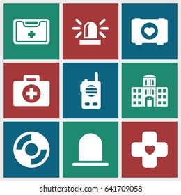 Emergency icons set. set of 9 emergency filled icons such as siren, case with heart, medical kit, hospital building, bandage, lifebuoy, walkie talkie
