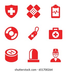 Emergency icons set. set of 9 emergency filled icons such as medical cross tag, medical sign, heartbeat clipboard, doctor, bandage, hospital, siren, lifebuoy