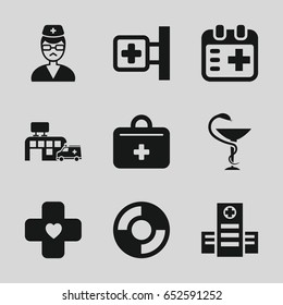 Emergency icons set. set of 9 emergency filled icons such as medical cross, hospital, doctor, first aid kit, medicine, medical appointment, bandage