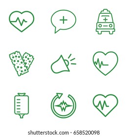 Emergency icons set. set of 9 emergency outline icons such as heartbeat, drop counter, bandage, medical cross, ambulance