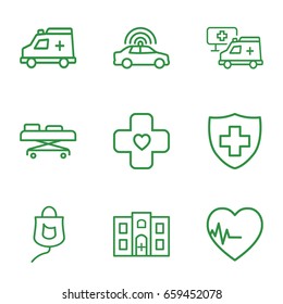 Emergency icons set. set of 9 emergency outline icons such as police car, medical sign, drop counter, ambulance, heartbeat, hospital building, bandage, hospital
