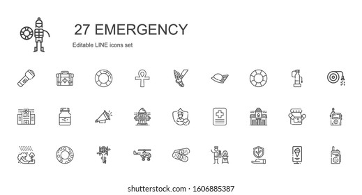 emergency icons set. Collection of emergency with insurance, fire extinguisher, band aid, helicopter, float, tsunami, fire station, hospital. Editable and scalable emergency icons.