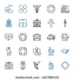 emergency icons set. Collection of emergency with patch, walkie talkie, hermes, standee, hospital, insurance, lifesaver, fire extinguisher. Editable and scalable emergency icons.