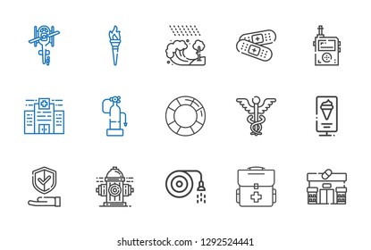 emergency icons set. Collection of emergency with pharmacy, first aid kit, hose, hydrant, insurance, standee, caduceus, lifesaver, fire extinguisher. Editable and scalable emergency icons.