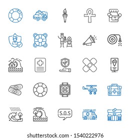 emergency icons set. Collection of emergency with pharmacy, ambulance, sos, tsunami, first aid kit, helicopter, heliport, float, band aid. Editable and scalable emergency icons.