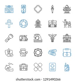 emergency icons set. Collection of emergency with walkie talkie, hospital, patch, first aid kit, tsunami, band aid, lifebuoy, medicine. Editable and scalable emergency icons.
