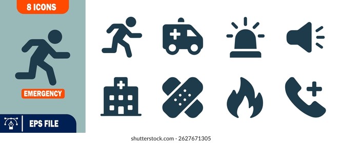 Emergency Icons Set First Aid, Hospital, Ambulance, Fire, and More