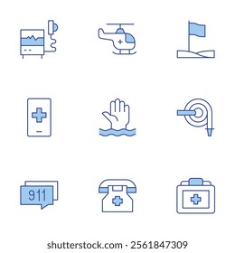 Emergency icons set. Line Duotone style, editable stroke. Frame, ambulance, defibrillator, drowning, emergency, emergency number, fire hose, flag, medical kit.