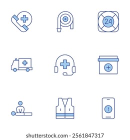 Emergency icons set. Line Duotone style, editable stroke. ambulance, cpr, emergency, fire hose, first aid kit, maritime rescue, phone call, smart home, vest.